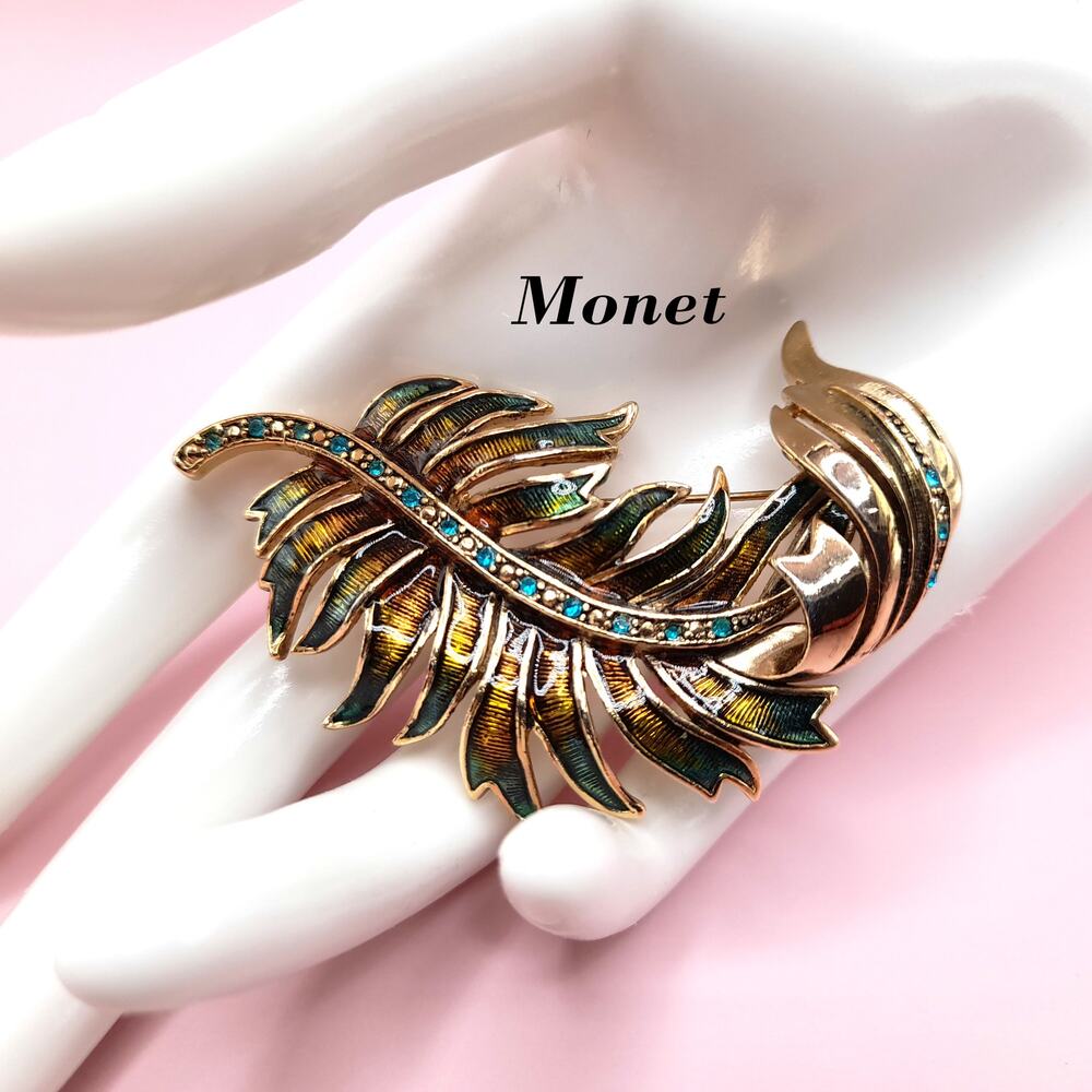 Vintage Monet Feather Brooch, Green Rhinestones, Brown Enamel, 2 3/4 Inches